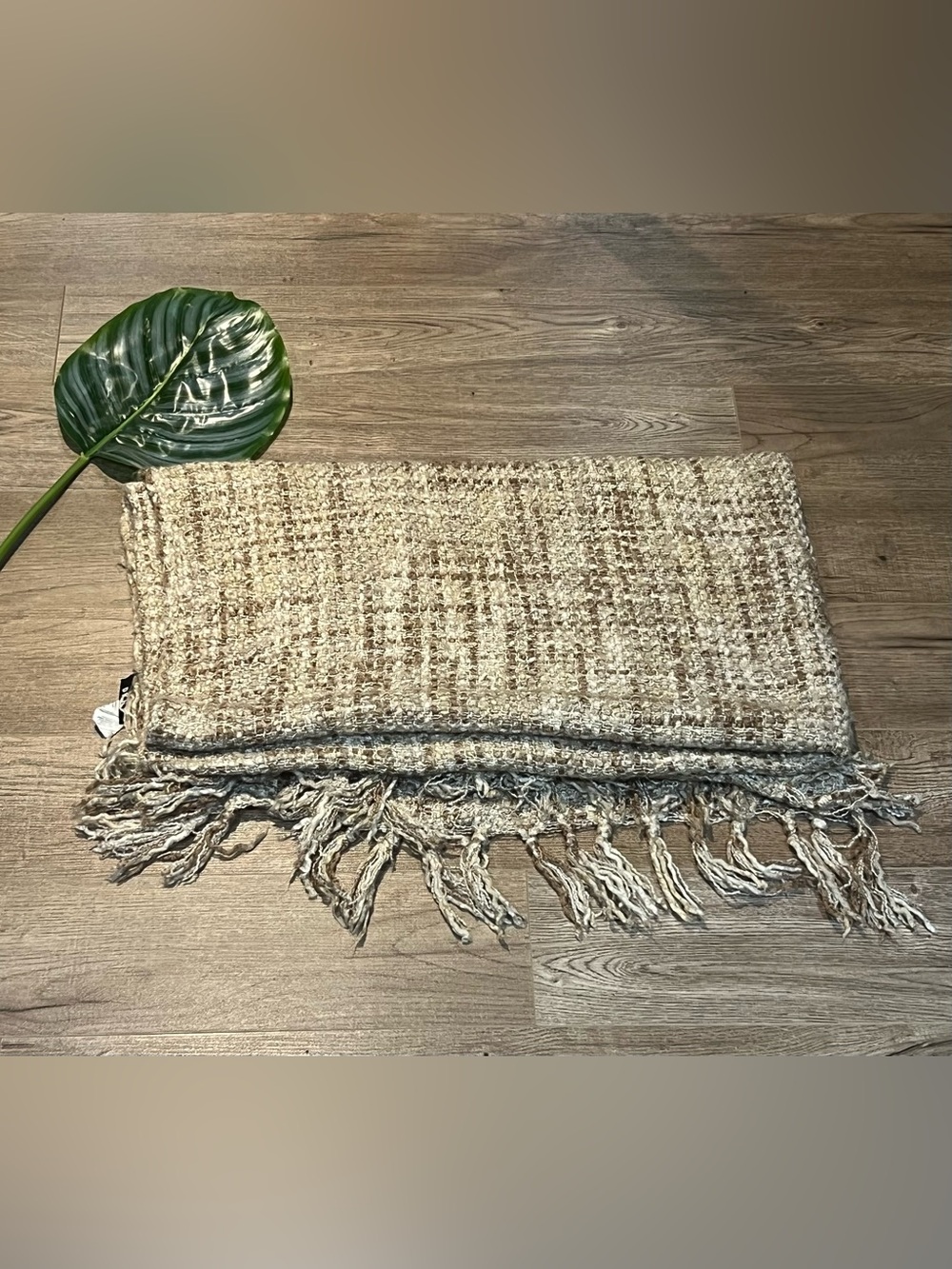 DKNY Neutral Fringe Throw Blanket in Cream and Tan